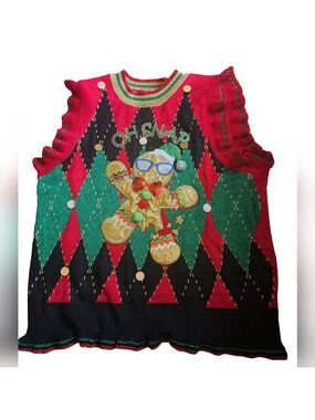 BLIZZARD BAY OH Snap UGLY Christmas sweater argyle Vest ruffled metallic  XL